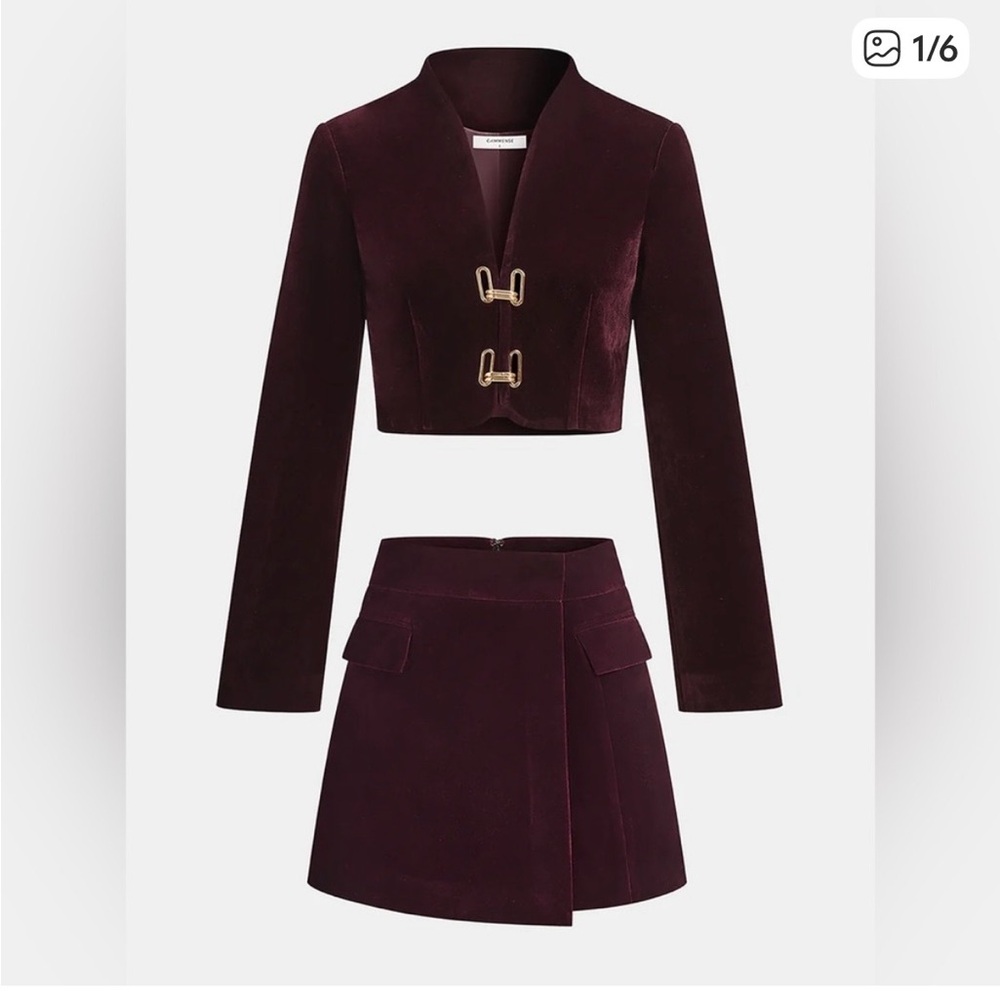 Commense Velvet Cropped Jacket & Skirt Set - Deep Burgundy